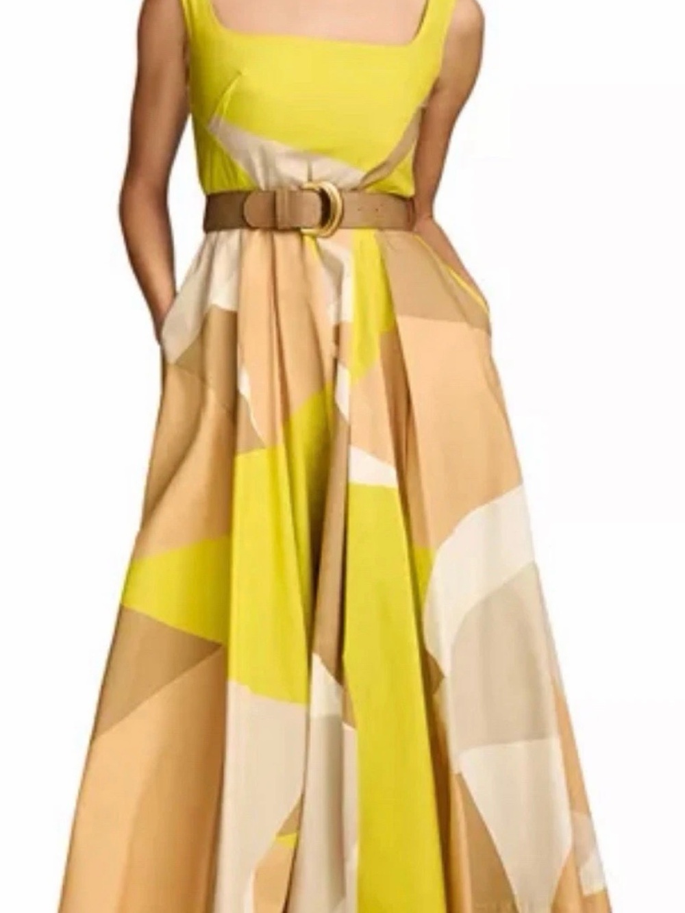 Donna Karan Yellow and Tan Geometric Maxi Dress with Belt - Picture 5 of 8